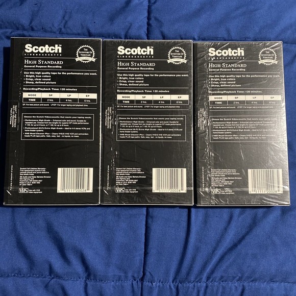 3 Scotch VHS Videocassette Blank Tapes High Standard T-120 6 Hour - New & Sealed - Picture 2 of 2